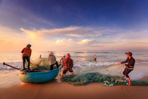 Zeevissen zeevissen, fishermen, beach, boat